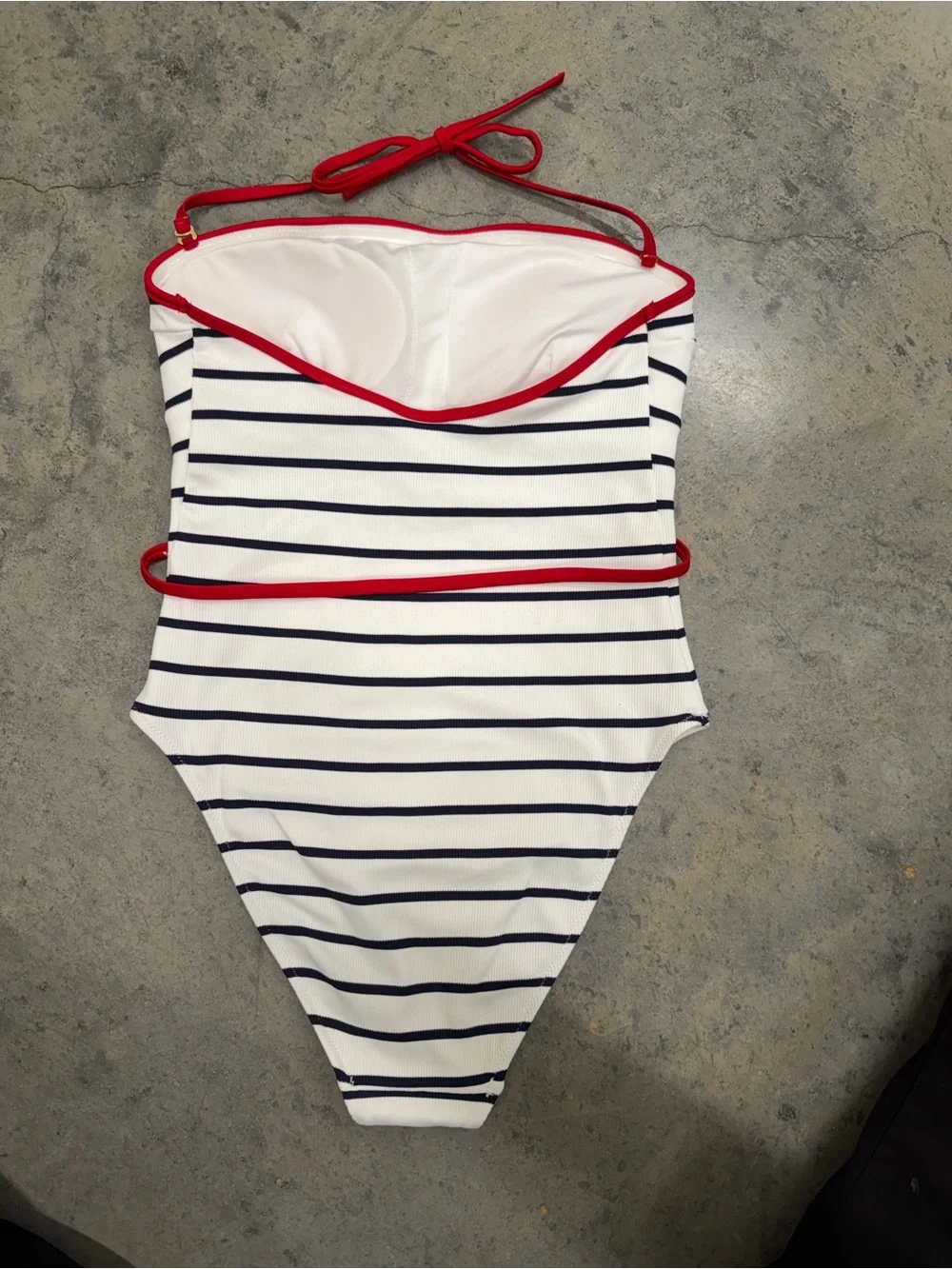 Tommy Hilfiger White and Navy Striped One-Piece Swimsuit with Red Trim/ Belt